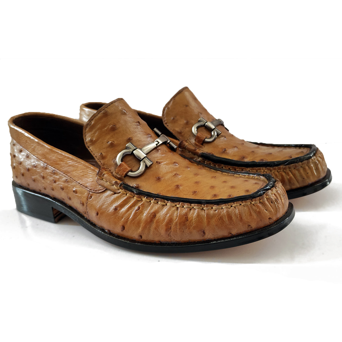 Johny Weber Handmade Gold Brown Ostrich Leather Loafers