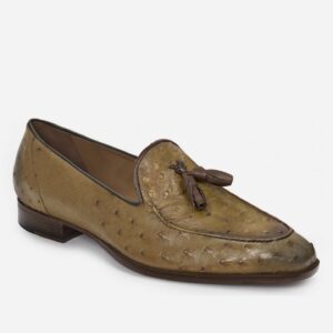 Johny Weber Handcrafted Olive Ostrich Leather Loafers
